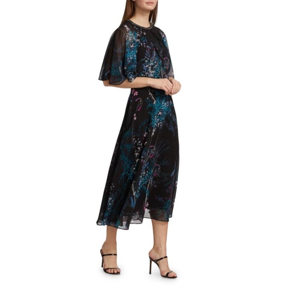 Teri Jon Rickie Freeman Chiffon Capelet Black Floral Cocktail Midi Dress 8 - Picture 4 of 14